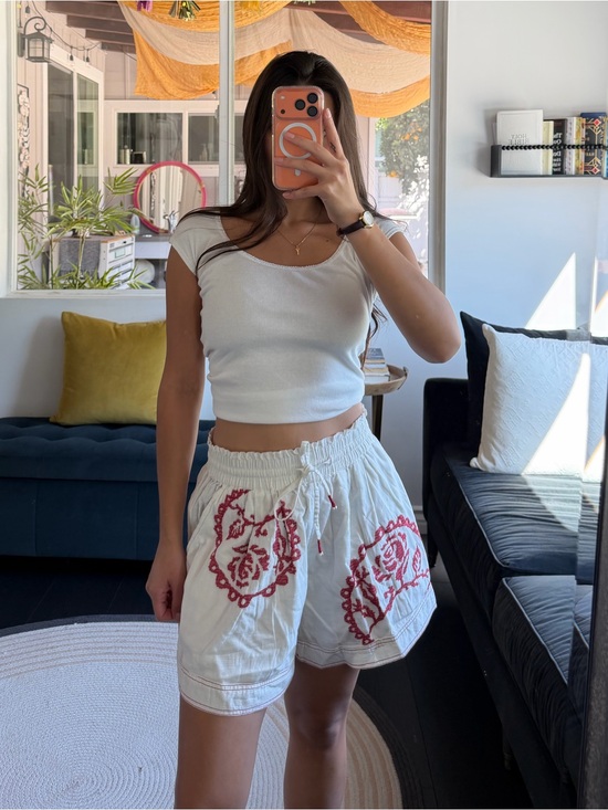 Free People Pants - Free People White High-Waist Shorts with Red Embroidery